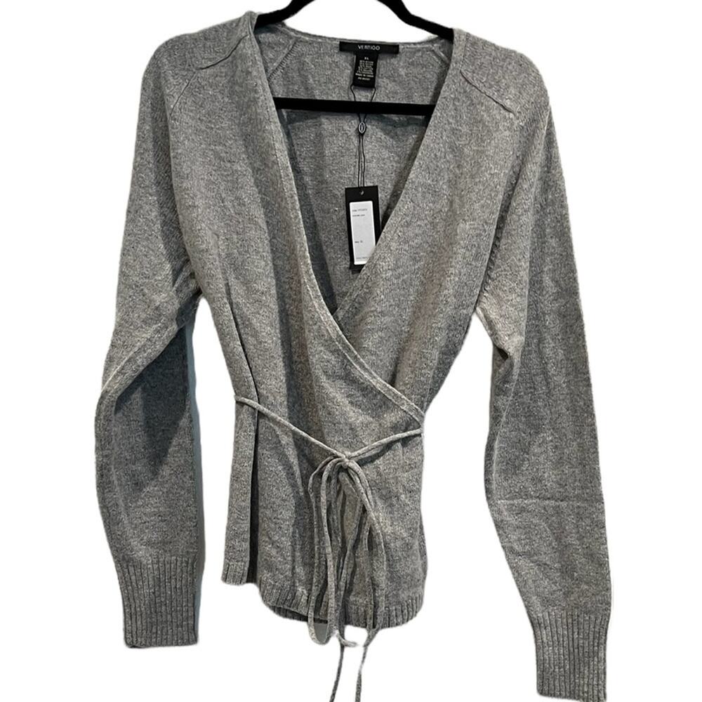 Vertigo Paris Wrap Sweater XL Gray Cashmere Angora Wool Blend Tie Waist NWT